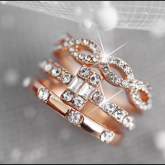 3pc ROSE GOLD PLATED Stackable Crystal Ring Set - Picture 3 of 6